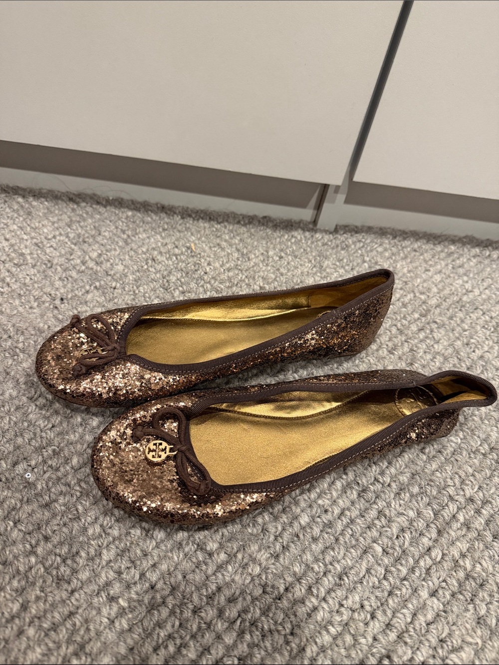 Tory Burch Glitter Brown Bow Ballet Flats